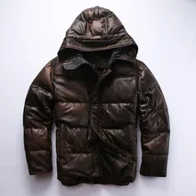 Фабричная Новинка, мужской коричневый пуховик из натуральной кожи, модный пуховик из овчины с капюшоном, куртки пилота, российские зимние пальто