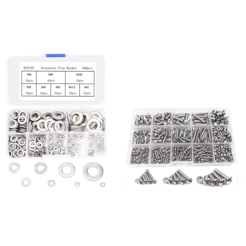 360 Pcs Stainless Steel Flat Washers Sealing Ring Washers 8 Sizes in a Storage Box& 500 Pcs M3 M4 M5 A2 Stainless Steel Bolts H