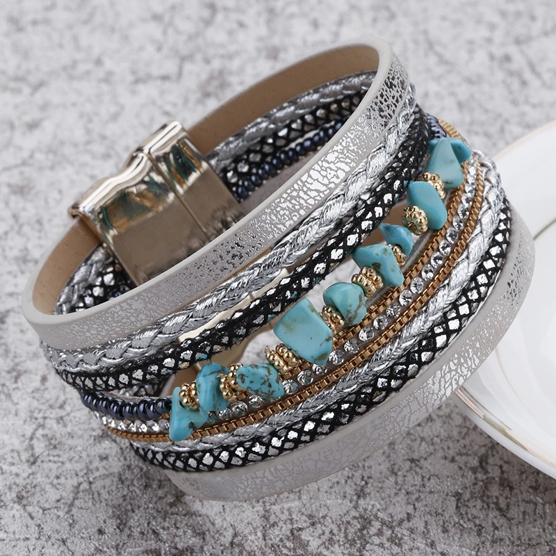 Boho Natural Stone Leather Bracelets for Women Female Vintage Braided Rope Wide Multilayer Wrap Bracelet Men Jewelry
