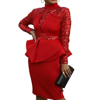 

Elegant Mock Neck Sequined Ruffles Midi Bodycon Dress Women Long Sleeve Patchwork Casual Slim Dresses