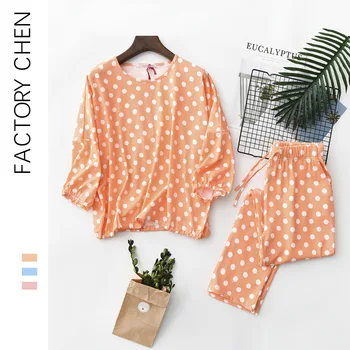 

2020 Spring New South Korea Pink Pure Cotton Pajamas Cute Polka Dot Bat Sleeve Loose-Fit Casual Homewear Set Women's