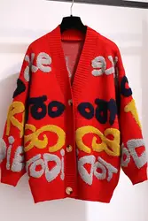 Хит продаж, толстый кардиган с надписью, 2019, осень и зима, новый стиль, большой свитер, Женский вязаный свитер, пальто на пуговицах, свободный
