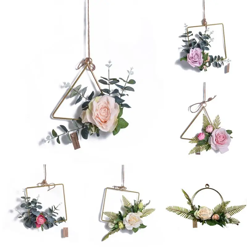 

Hot Artificial Rose Flower Floral Hoop Wreath Geometric Metal Garland Wall Hoop Wall Hanging Ornament Metal Hanging Wreath