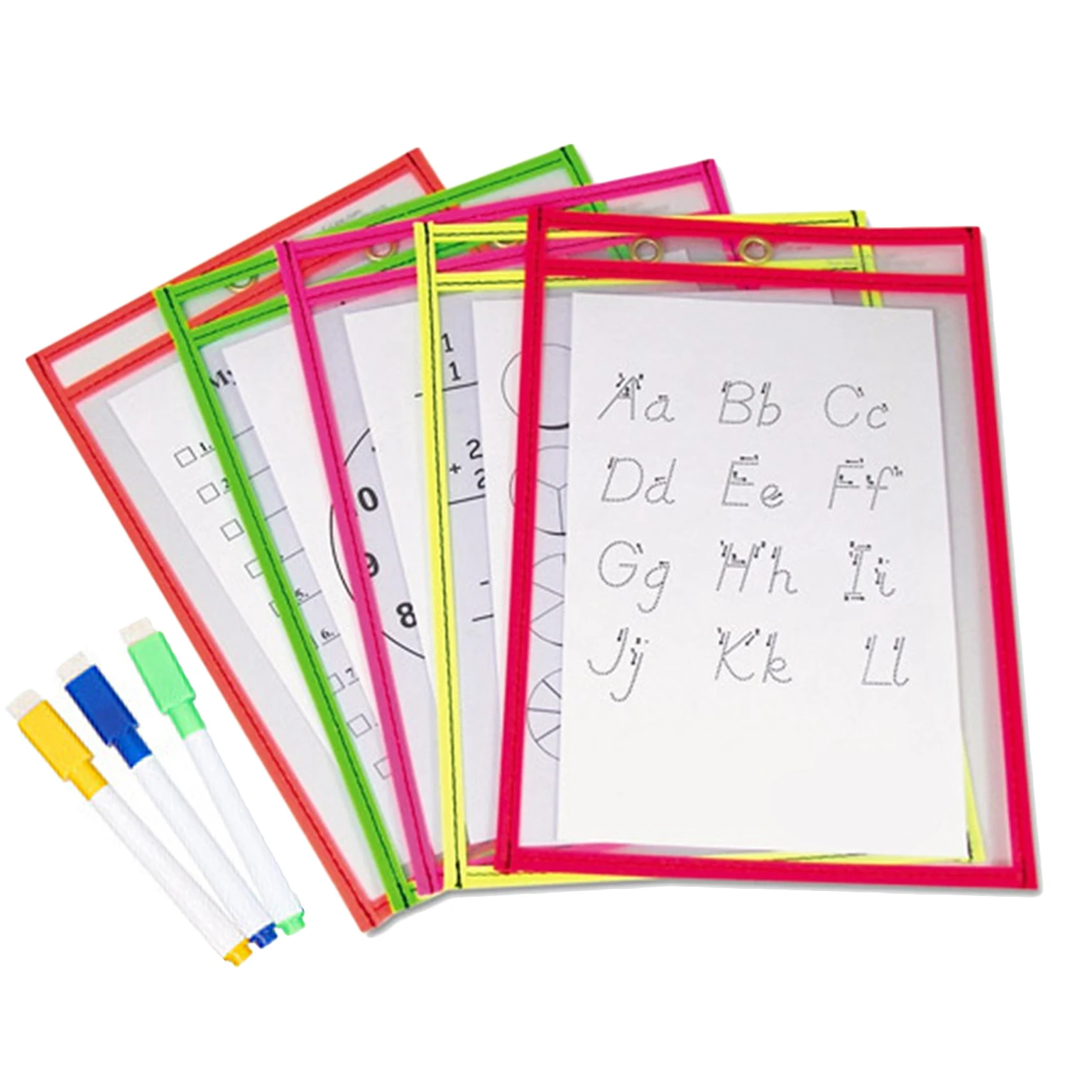 

10PCS Reusable Clear PVC Dry Erase Pockets Sleeves+3PCS Pens for Office Classroom Organization Teaching Supplies Random Color