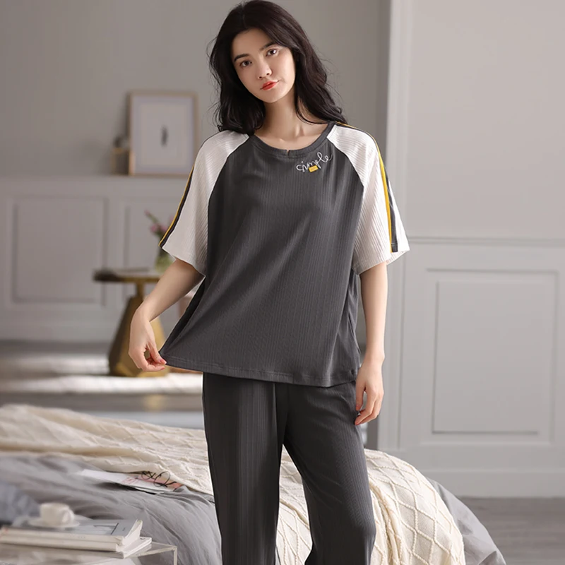 

Женские пижамные комплекты, летние однотонные домашние костюмы с коротким рукавом, Корейская женская домашняя одежда, комплект из 2 предметов, одежда для сна, Повседневная Пижама