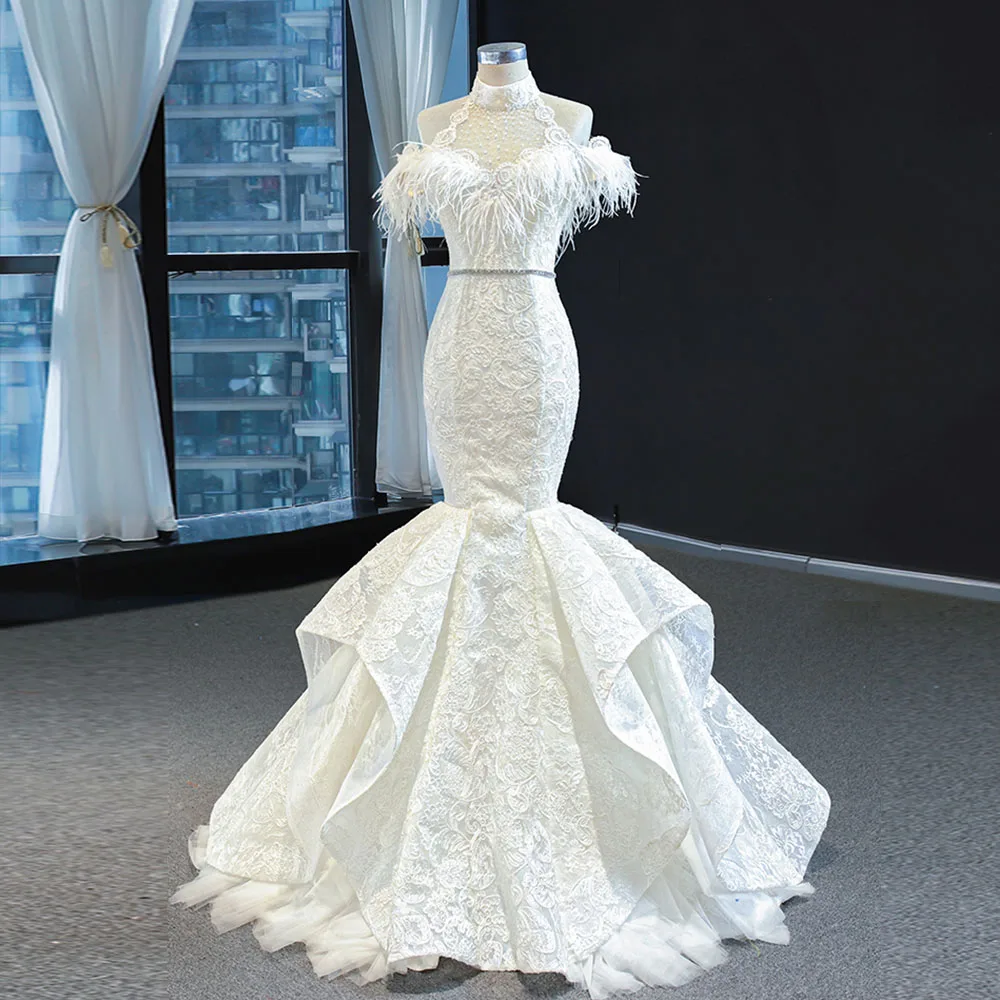 2021 New Arrivals Halter Sexy Backless Short Sleeve Shiny Beading Crystal Waist Feather Lace Mermaid Wedding Dresses | Свадьбы и