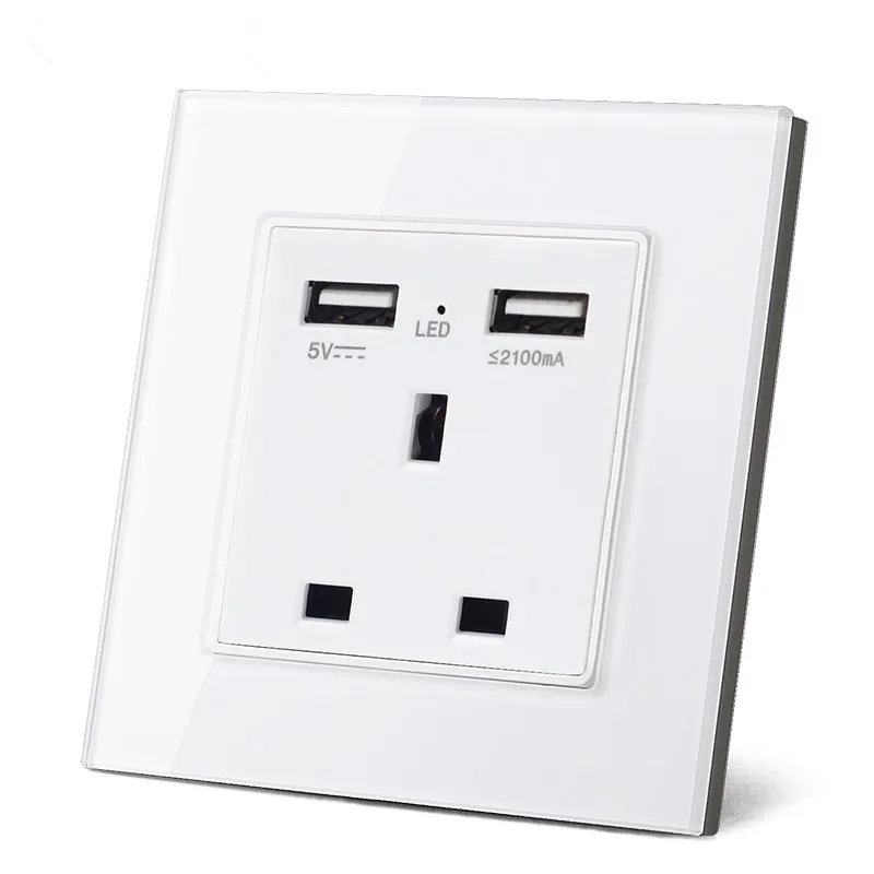 Стандарт Великобритании 1 комплект Розетка с 2 USB зарядкой 3 Pin белая стеклянная