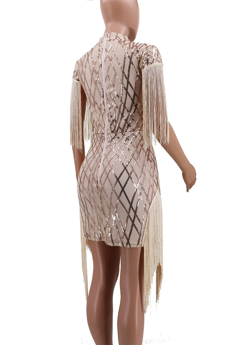 9120601  latest fashion sexy mesh sequin dresses with tassels