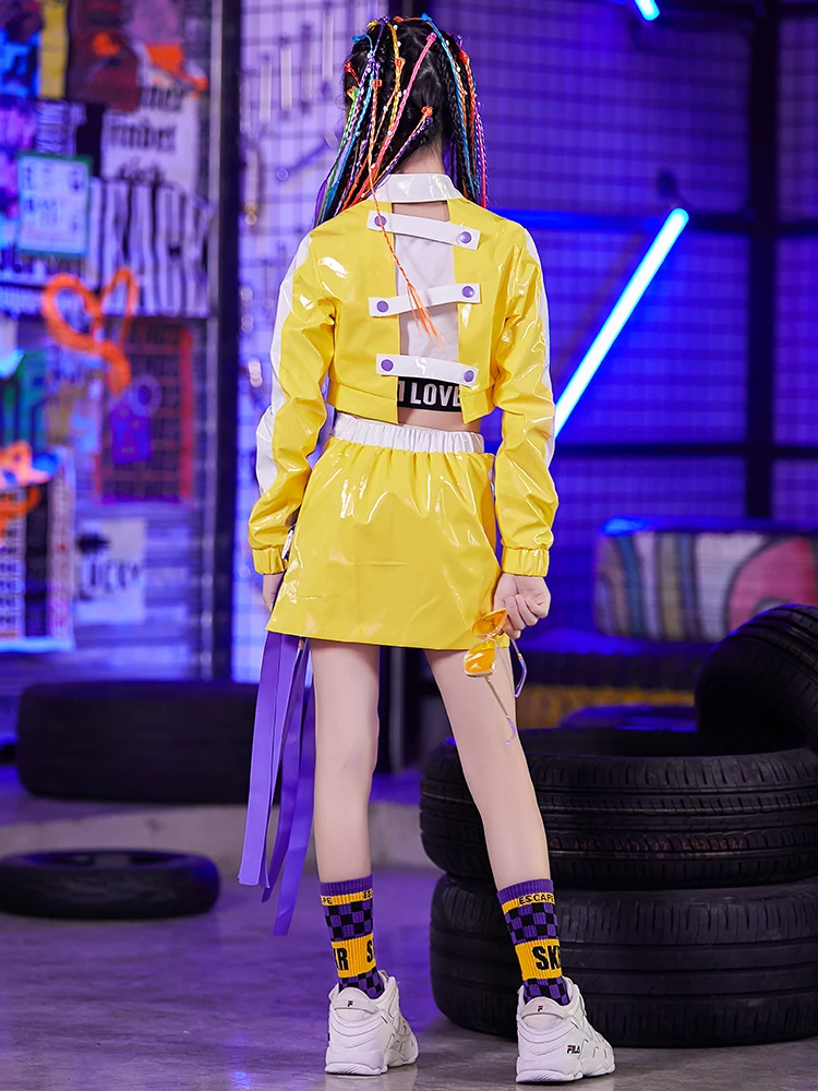 Танцевальные костюмы в стиле хип-хоп для девочек; желтая рубашка; короткая юбка; одежда для Черлидинга; детская сценическая одежда; уличная одежда для выступлений; DNV12306