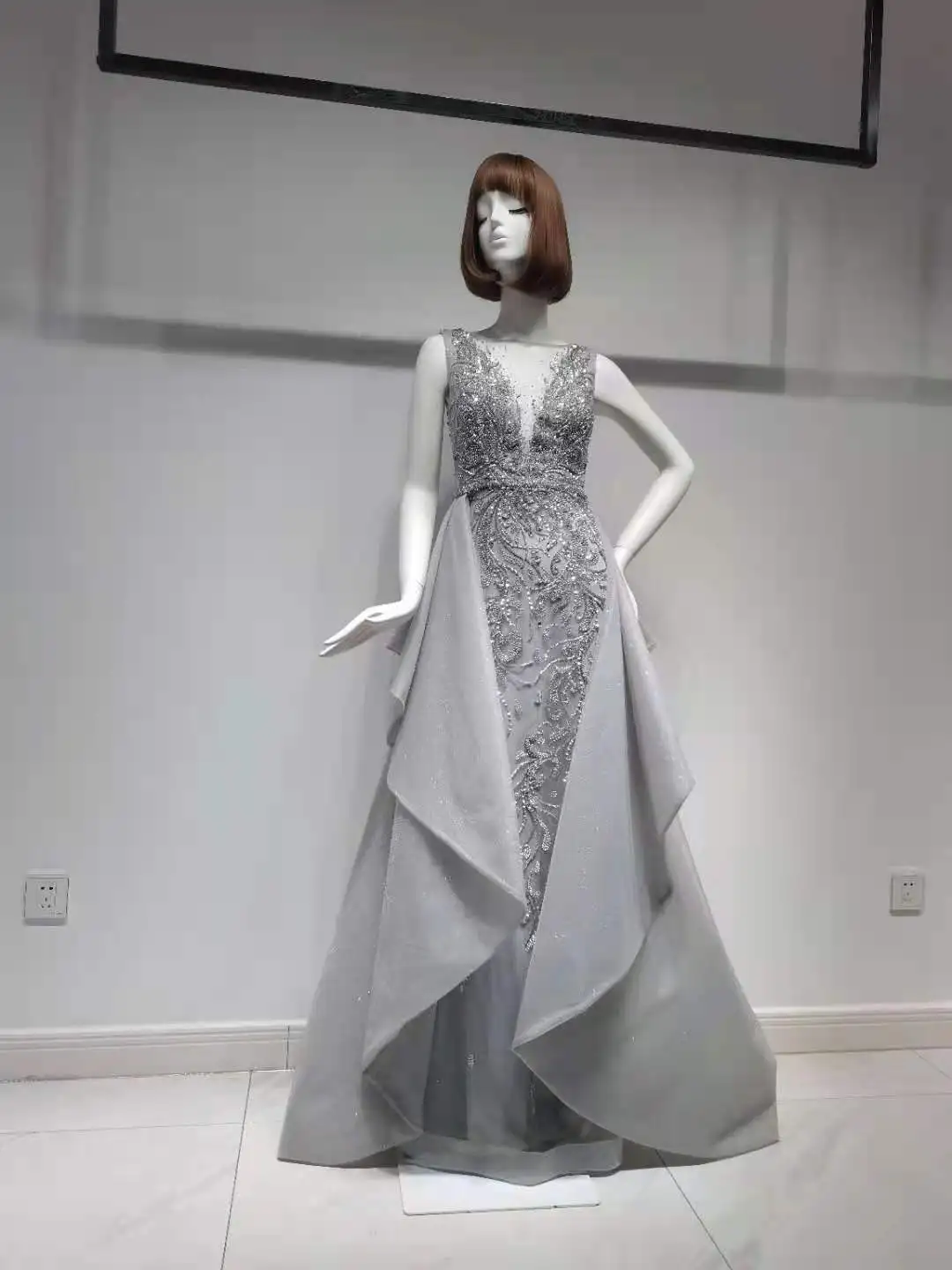 Gray Evening Dresses Silver Aline Vneck Luxury Gowns Fashion Ladies