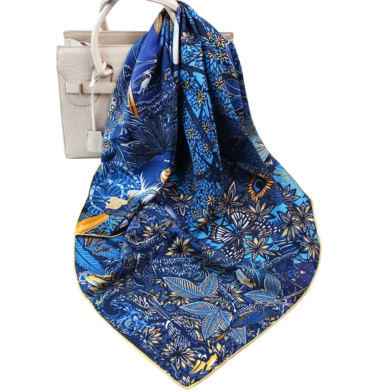 

Luxury 100% Twill Silk Scarf Bandana Women Kerchief Fashion Forest Animal Lion Print Shawl Hijab Sqaure Stole 90*90cm