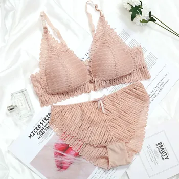 

New Style Quality French Gathered Lace Sexy Push Up Bra For Women Front Button Bralette Thin Deep V Underwear Wireless Bra Set