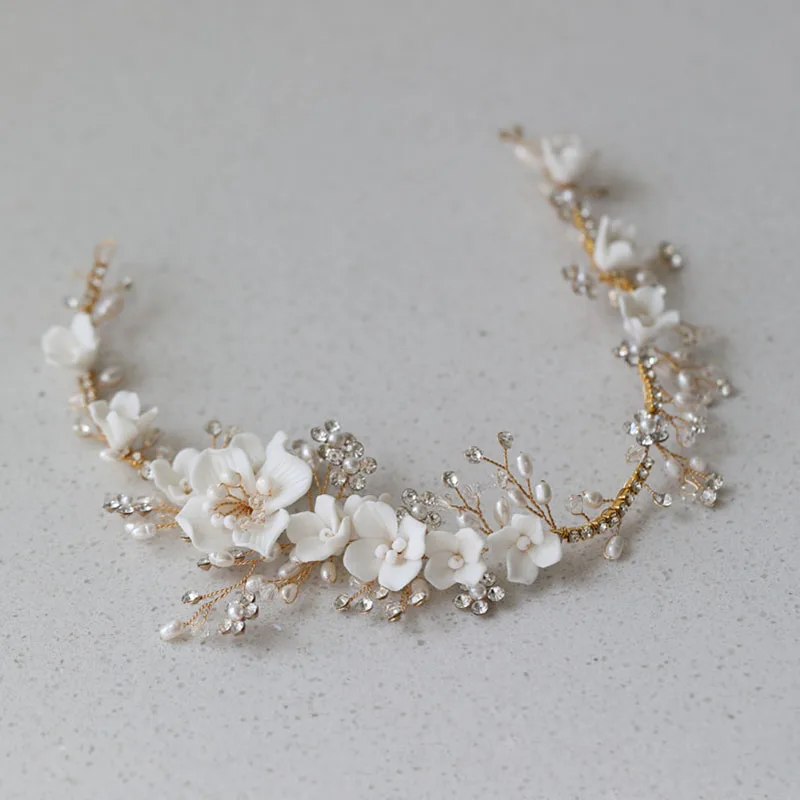 Slbridal Handgemaakte Luxe Strass Porselein Bloem Zoetwater Parels Bridal Hoofdband Bruiloft Bruidsmeisjes Vrouwen Haar Sieraden