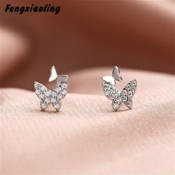 

Fengxiaoling Small Fresh Two Butterflies Inlaid Zircon Stud Earrings For Women 925 Sterling Silver Earings Fashion Jewelry 2019