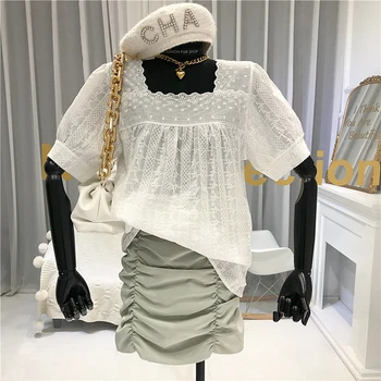

Vintage Chiffon Embroidery Square Collar Blouse Women Thin Regular Lovely Women's Blouses 2020 summer white