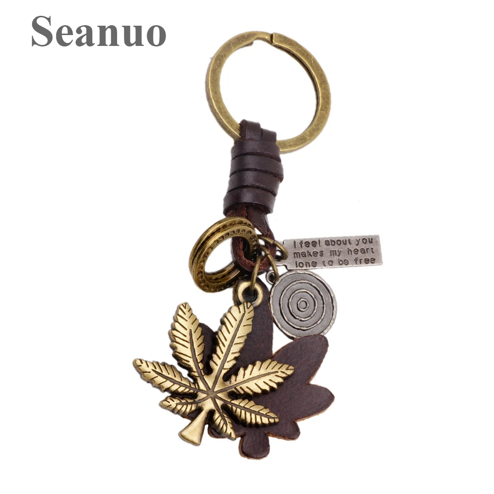 

Seanuo Genuine Leather Maple Leaf Shape Women Door Key Chains Keychains Punk Copper Alloy Useful Car Key Holder Student Bag Deco