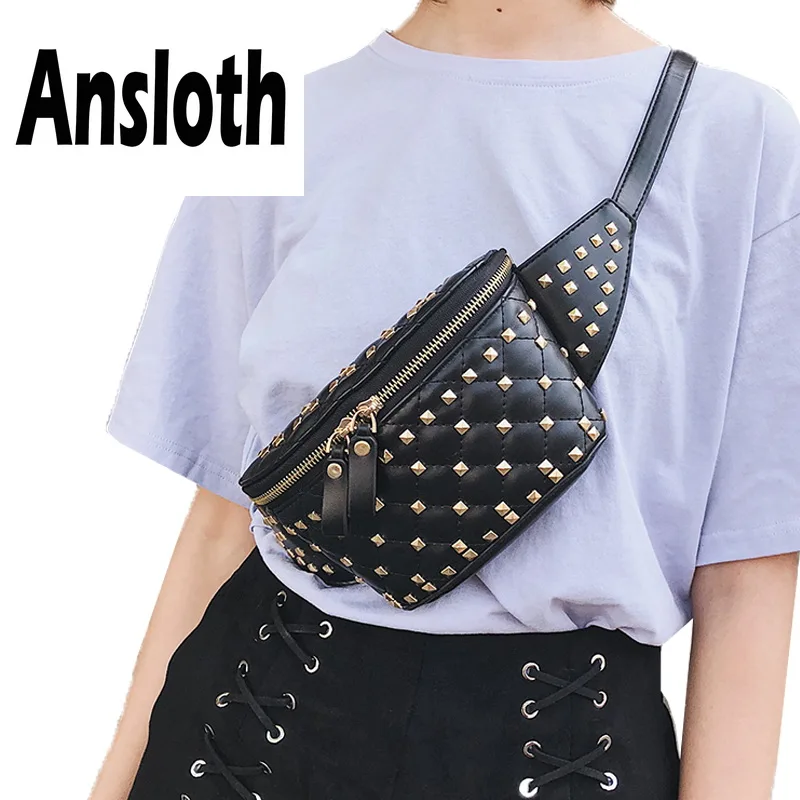 

Ansloth Rivets Waist Bags Women Quality PU Leather Belt Bags Punk Waist Packs Lady Quilted Fanny Bags Female Belly Bags HPS735