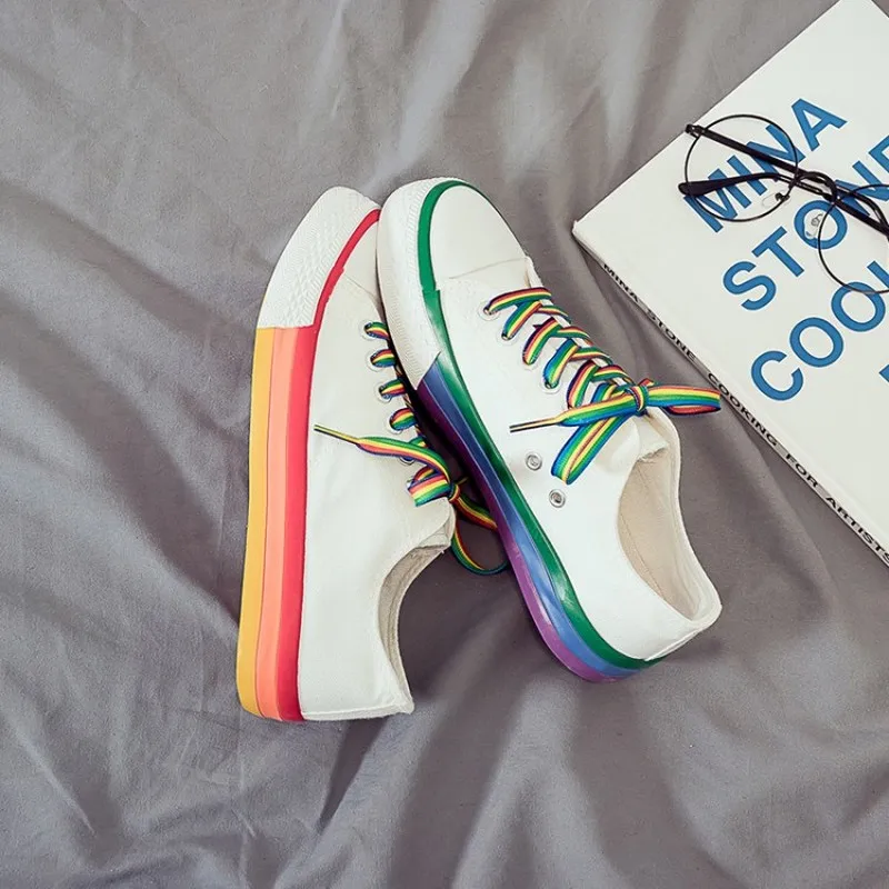 

Woman's Canvas Rainbow White Shoes Lace up Spring New Female Casual Breathable Sneakers Platform Shoes zapatos mujer K18-2