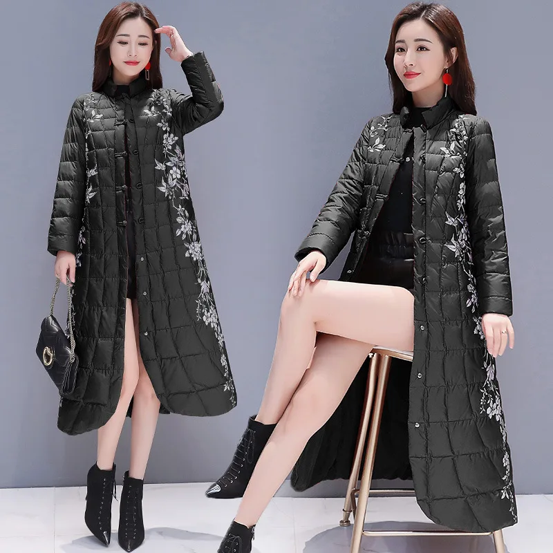 

Chinese-style Printed Cotton-padded Clothes Women's over-the-Knee Long Winter Retro Stand Collar Frog WOMEN'S Dress Dignified Gl