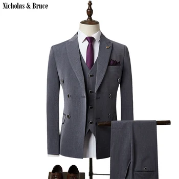 

N&B Double Breasted Suit 3 Piece Suit (Jacket+Vest+Pant) Wedding Suits Men Business Formal Suit 2020 Male Blazers Tuxedo SR60