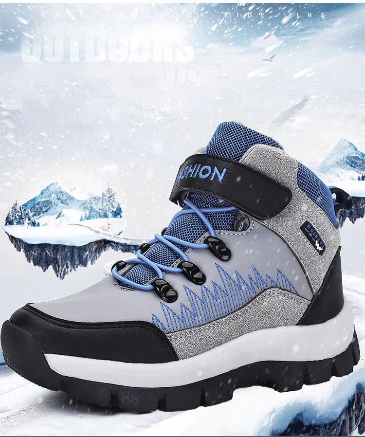Новые водонепроницаемые походные ботинки для мальчиков, Нескользящие зимние кроссовки для детей, уличные теплые ботинки с мехом для подростков, альпинистские треккинговые ботинки