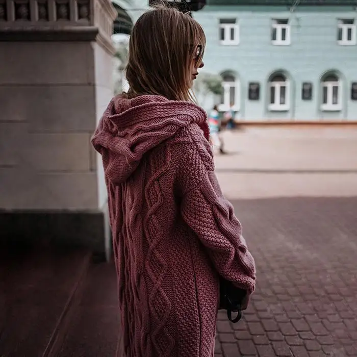 Женский вязаный кардиган с капюшоном, повседневный длинный рукав, однотонная Свободная верхняя одежда, осень, зима