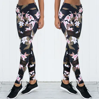 

2020 Women Flower Print Mesh Pants High Waist Sports Gym Running Fitness Leggings Pants Athletic Trouser