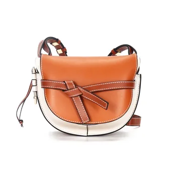 

2020 Spring Woman New Brown Bow-knot Leather Strap Button Half Moon Genuine Leather Crossbody Designer Luxury Cowhide Bags