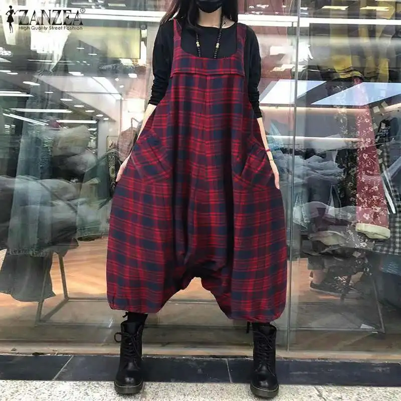 Kaftan Check Overalls Women's Drop Crotch Jumpsuits ZANZEA Casual Square Neck Long Pantalon Female Elastic Trousers Rompers 5XL Kaftan Check Overalls Women's Drop Crotch Jumpsuits ZANZEA Casual Square Neck Long Pantalon Female Elastic Trousers Rompers 5XL