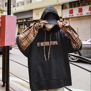 

Plaid Hoodie Sweatshirt Mens Hip Hop Hoodies Streetwear Casual Autum Clothes Hipster Spring Cotton Fake Two Piece Hoodie Males