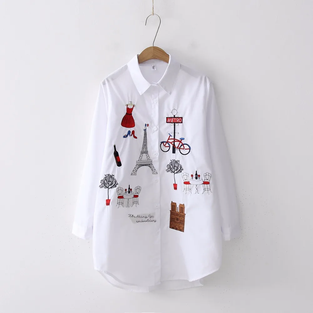 Cute Cartoon Embroidered White Shirt Autumn Women Blouse Embroidered Women Blouses Tops Loose Long Sleeve Shirt Blusas