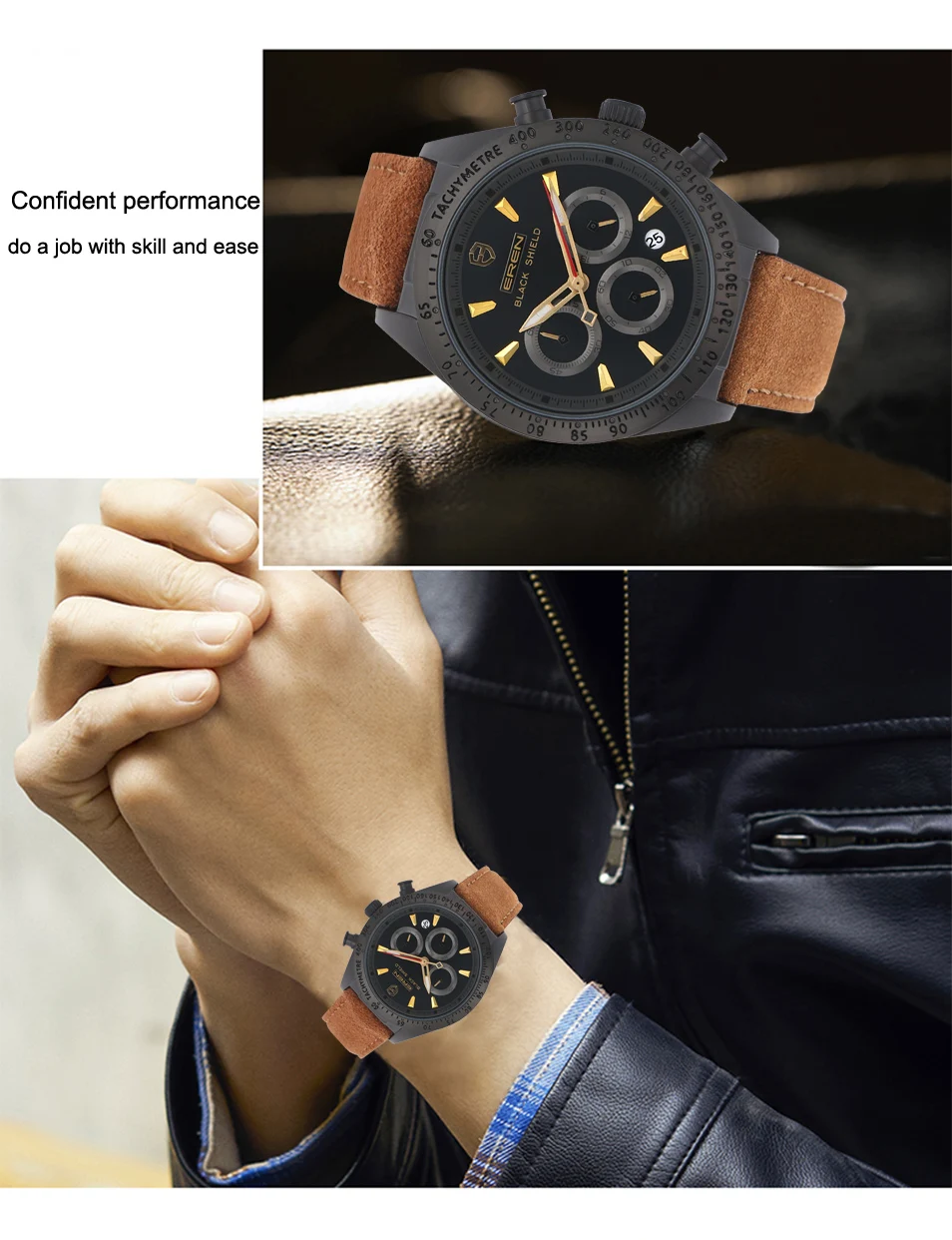 2022 Ever Move Men's Sports Chronograph  Luxury Literal Business Style Multifunctional Leather Real Nail Quartz Watch