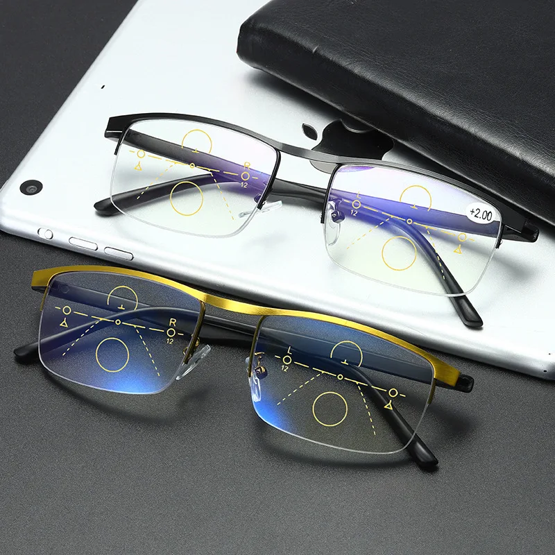 Для мужчин и женщин, прогрессивные очки для чтения, Мультифокальные бифокальные увеличительные пресбиопические очки, металлические анти-голубые лучи, квадратная оправа 2,0