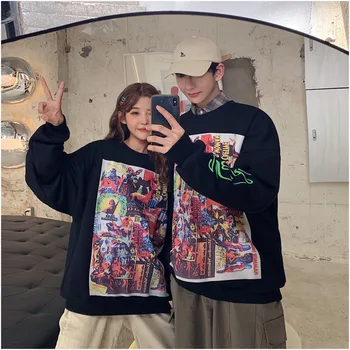 

2019 Autumn New Japanese Korean Version Of The Trend Of Men's Tide Brand Drawing Doodle PatternRound Neck Couple Casual Pullover