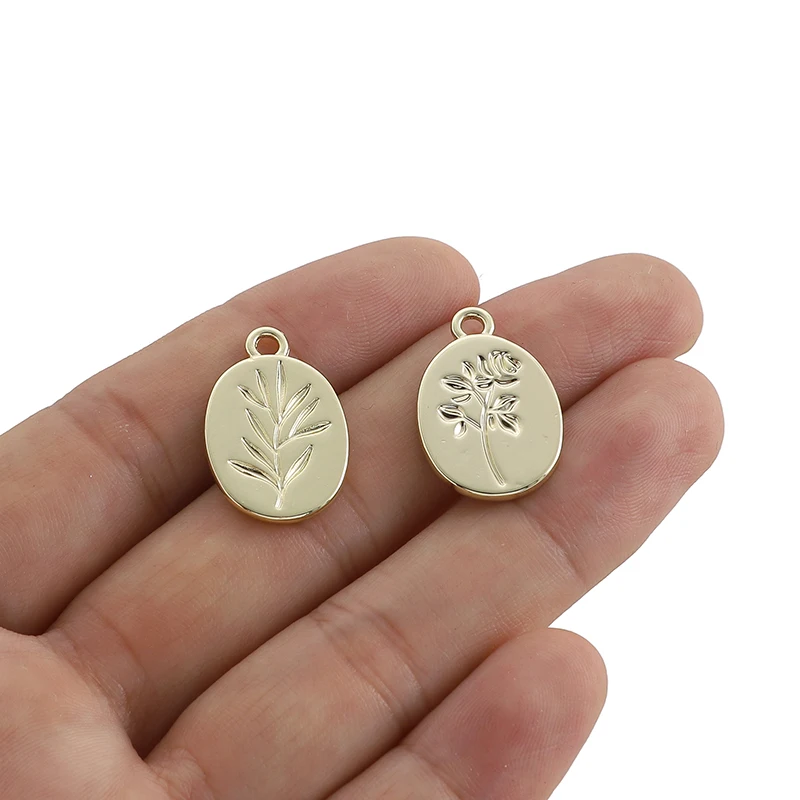 10Pcs Zinc Alloy KC Gold Oval Rose Flower Charm Leaves Round Pedant For DIY Earring Necklace Jewelry Making Findings Accessories