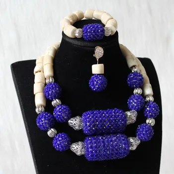 

4UJewelry Nigerian Bridal Jewelry Set White Coral Beads African Bead Royal Blue Big Balls Women Jewellery Set 2 Layers Earrings