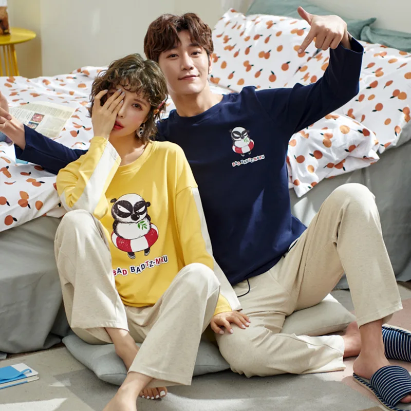 

pajamas spring and autumn cotton long sleeve pants sweet thin Korean men's and women's home clothes two piece suit