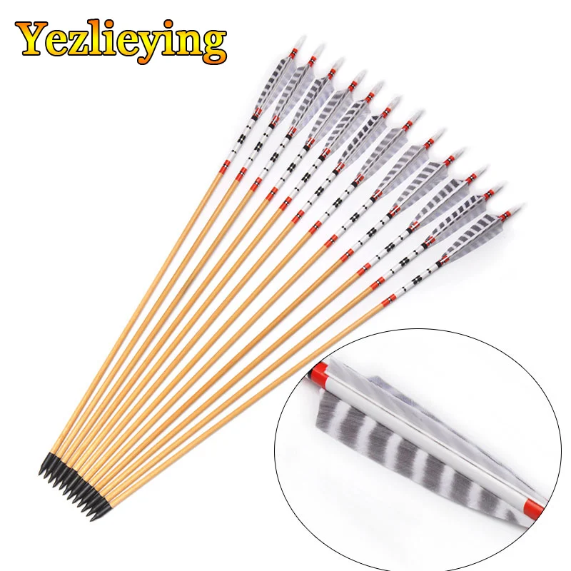 

Recurve Compound Bow Longbow Archery 6pcs 80cm Spine 500 OD 8.5mm Wooden Pine Arrows with Turkeys Feathers