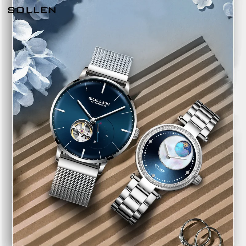 Luxury Brand SOLLEN Japan MIYOTA Automatic Mechanical Couple\'s Watches Waterproof Moon Phase Diamond Skeleton Sapphire Clocks