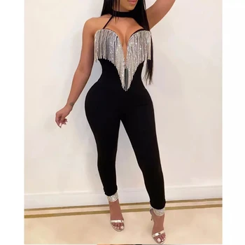 

Sexy Sequin Tassels Rompers Women Jumpsuit Sleeveless Halter Bodycon Playsuits Party Clubwear 2020 New Long Bandage Overalls