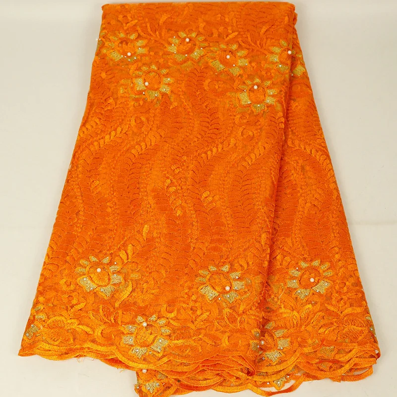 

Latest Nigerian Water Soluble Lace Fabric 5 Yard African Guipure Cord Lace Fabric With Stones Orange Cord Laces For Party