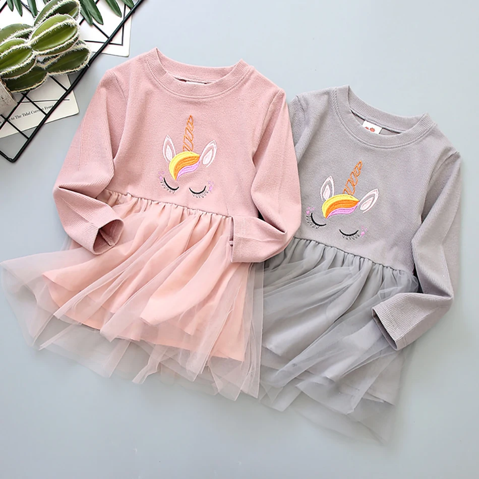 

Spring Autumn Fashion Sweater Dress Cartoon Solid Color Long Sleeve Mesh Ball Gown 2-7 Year Baby Girl New Year Costume