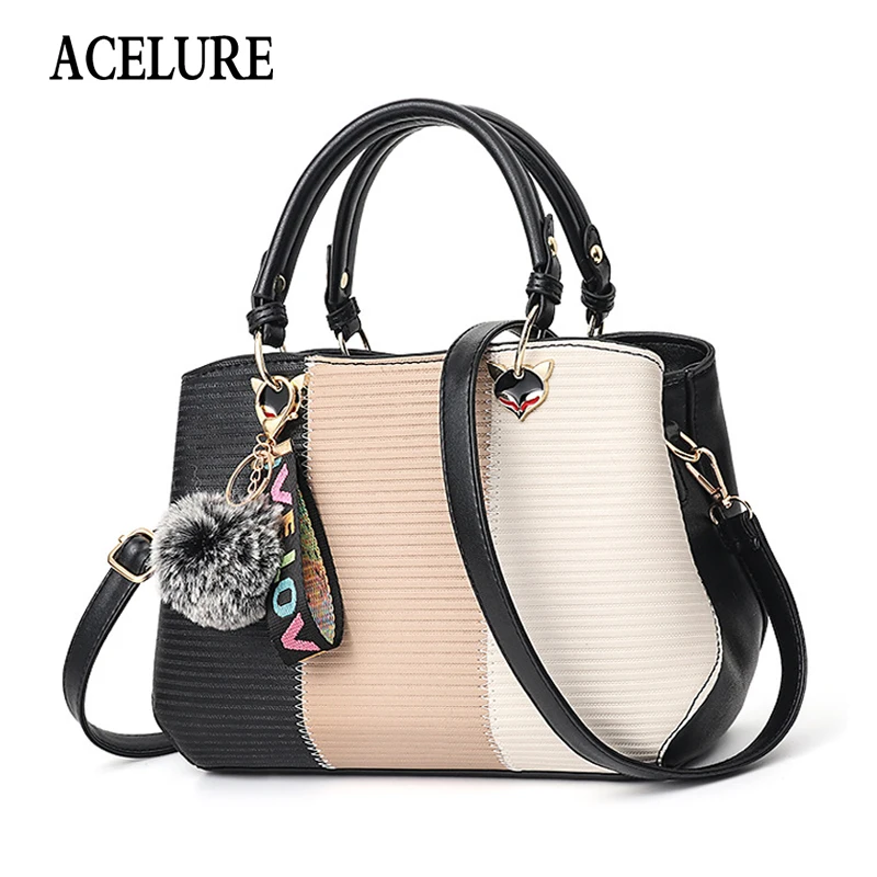 

ACELURE Ladies Shoulder Crossbody Bags Shopping Bags Hairball Ornaments Totes Patchwork Handbag Panelled PU Leather Party Purse