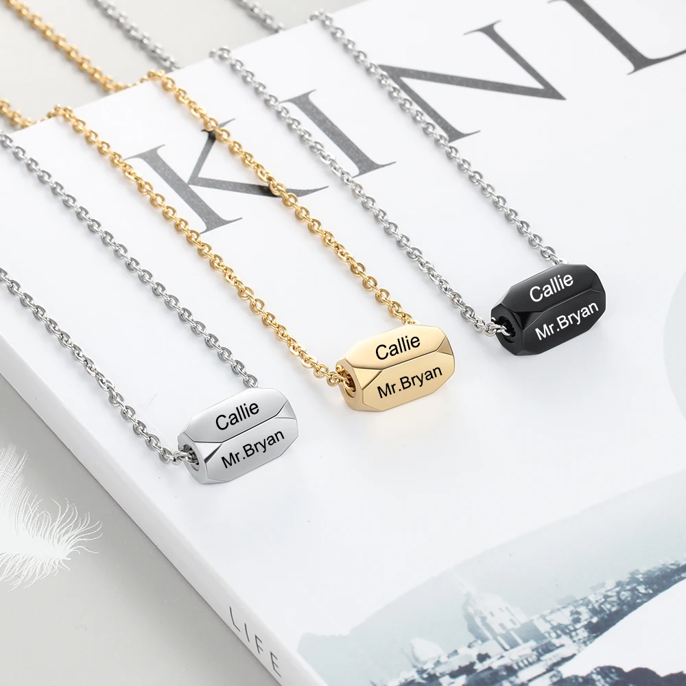 

Personalized Engraved Four Sides 3D Pendant Necklace For Women Men Custom Made Stainless Steel Necklaces in Silver Gold Black