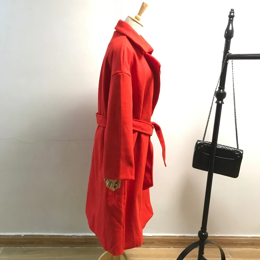 Двухстороннее элегантное шерстяное пальто для девушек, Высококачественная модная верхняя одежда, теплое красное пальто с поясом и широкими штанинами, Высококачественная верхняя одежда