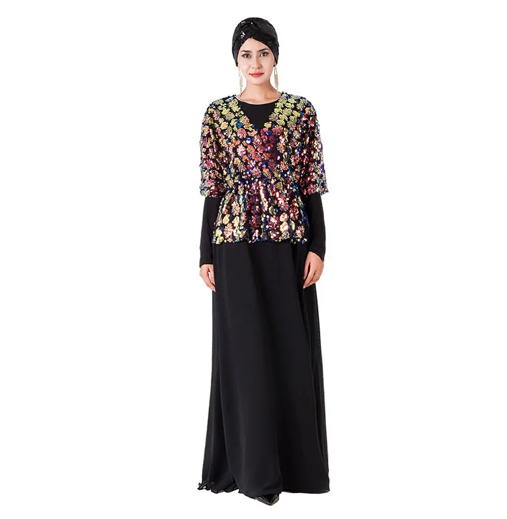 Дубай блёстки мусульманское abaya Женское Платье макси с длинным рукавом винтажный