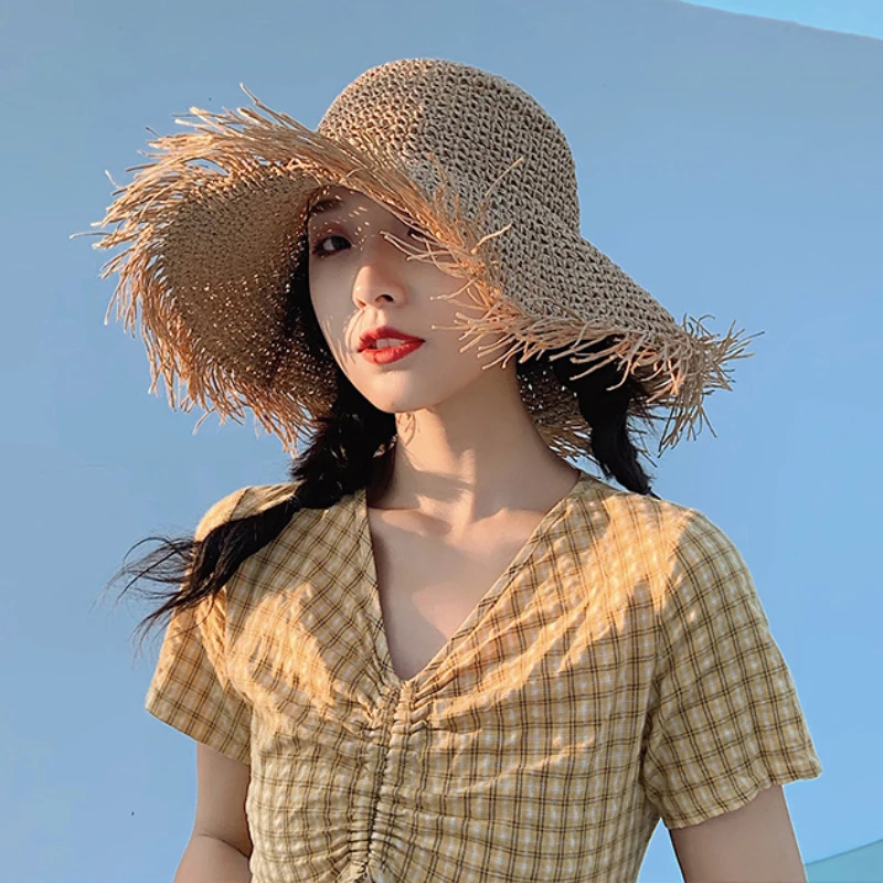 

HT3018 New Spring Summer Sun Hat Women Raw Brim Crochet Straw Hat Ladies Solid Beach Hat Breathable Floppy Panama Wide Brim Hat