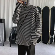 

Autumn High Neck T Shirt Men's Fashion Casual Cotton Striped T-shirt Men Streetwear Loose Korean Long-sleeved Tshirt Mens Tops