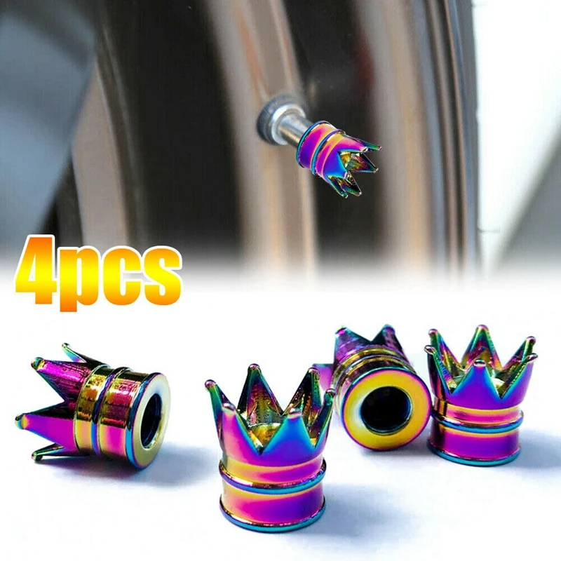4X Aluminum Neon Color Crown Car Wheel Tire Valve Stem Cap Tyre Air Anti Dust CapsValve Stems