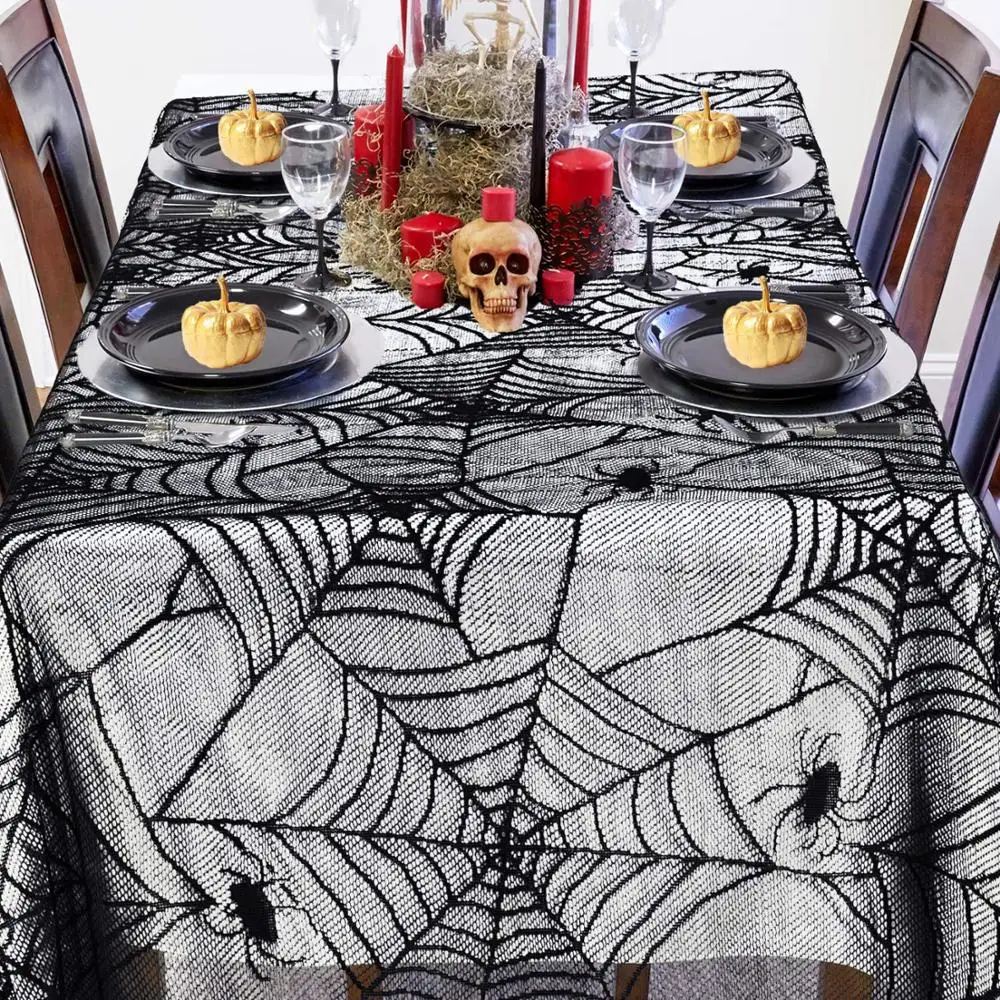 

Halloween Spider Bat Pattern Tablecloth Cover Cloth Cool Cobweb Lace Tablecloth Halloween For Halloween Products Party Supplies